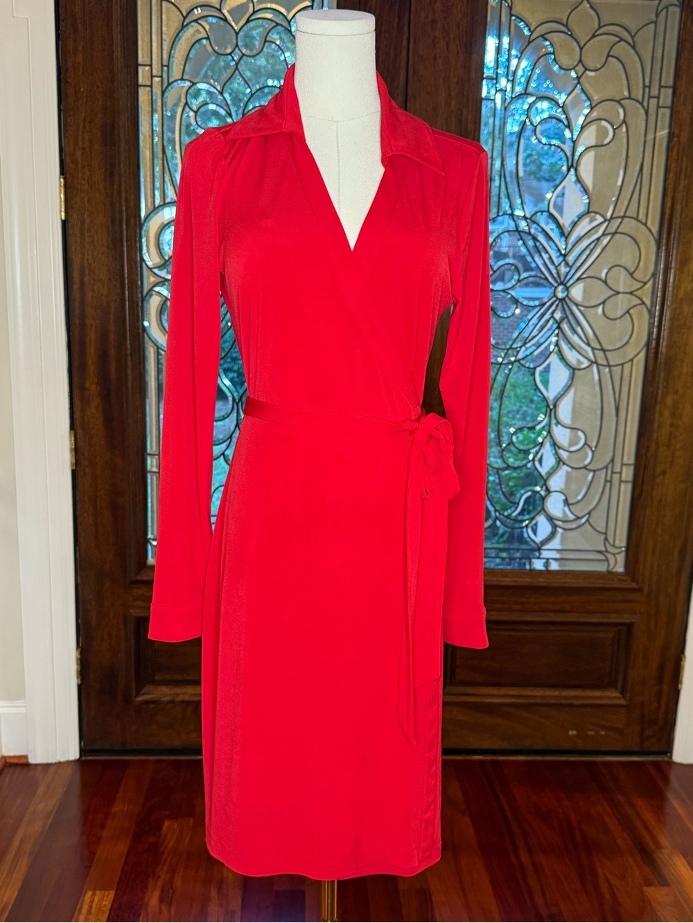 Calvin Klein Red Faux Wrap Tie Waist Long Sleeve Dress Sz 10